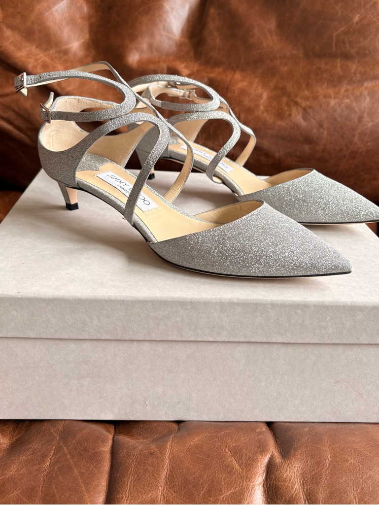 Jimmy Choo Silver Glitter Strappy Pointed-Toe Low Heels